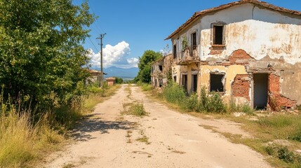 Fototapeta premium A post apocalyptic urban scene with abandoned buildings and nature reclaiming the land.