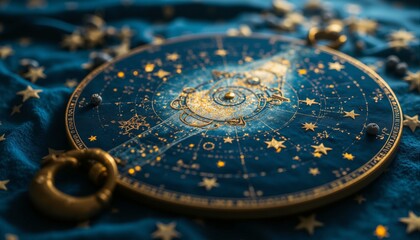 A vintage astrolabe with intricate constellations etched into its worn, textured surface.