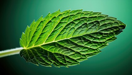 Fototapeta premium A lush green leaf rests against a muted backdrop, revealing its detailed texture and beauty.