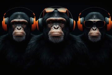 Three wise rap monkeys. Kikazaru, Iwazaru, Mizaru on a black background