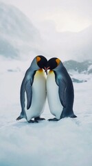 Obraz premium King penguin mating couple cuddling in wild nature, snow and ice. Pair two penguins making love. Wildlife scene from white nature. Bird behavior, wildlife scene from nature, South Georgia, Antarctica.
