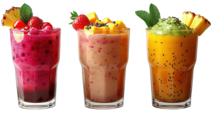 Three colorful fruit smoothies in clear glasses, garnished with fresh fruit and mint leaves