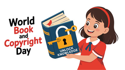 World Book and Copyright Day Concept Featuring Open Books, Light Bulb, Quill Pen, Copyright Symbol, and Reading Elements in Flat Vector Style &ndash; Celebrating Literature, Creativity, and Intellectual Pro