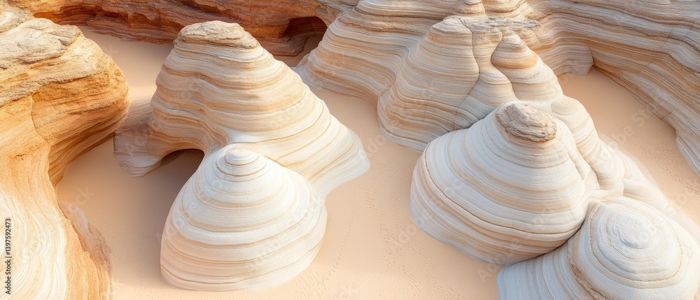 Poster unique sandstone formations rise from the desert floor, displaying intricate patterns and warm tones