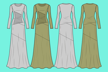 Ladies long-sleeve long leg Party dress fashion flat sketch outline CAD mockup template.