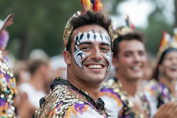 Fototapeta premium A cheerful performer wearing an elaborate costume and face paint joyfully engages with the crowd, showcasing the festive spirit and artistic expression at a lively outdoor event.