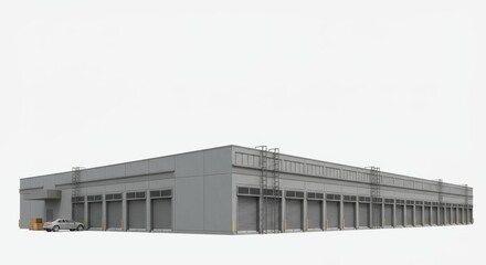 Obraz premium Sleek industrial warehouse complex featuring roll-up doors against pristine white backdrop