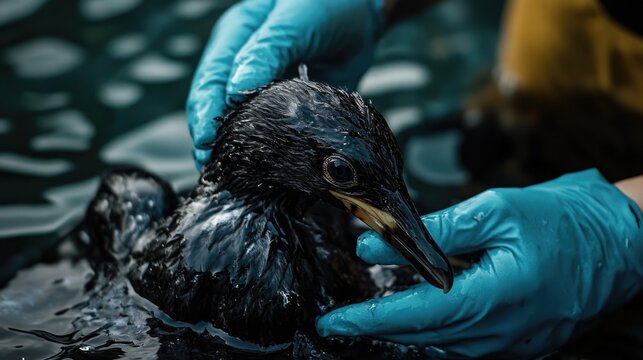 Rescue efforts for an oiled bird highlight environmental impact