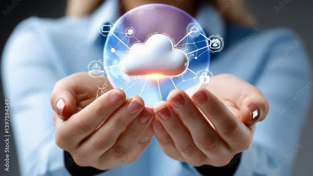 Aufkleber cloud technology in the palm: a depiction of technological innovation, with a cloud-shaped digital s