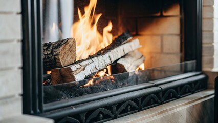 Close-Up Front View of a Cozy Fireplace with Burning Logs and Dancing Flames - 14