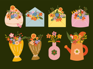 Floral Bouquets in Envelopes and Vases – Cute Spring Flower Arrangement Clipart. Spring Flower Arrangement