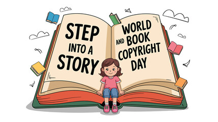 World Book and Copyright Day Concept Featuring Open Books, Light Bulb, Quill Pen, Copyright Symbol, and Reading Elements in Flat Vector Style &ndash; Celebrating Literature, Creativity, and Intellectual Pro