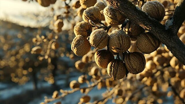 Frost-covered walnuts on a branch in golden sunlight