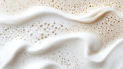 Close-up of frothy cream texture with small bubbles and waves, showcasing a rich and creamy surface.