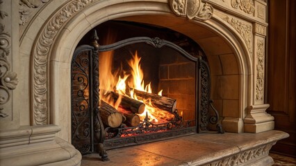 Close-Up Front View of a Cozy Fireplace with Burning Logs and Dancing Flames - 3