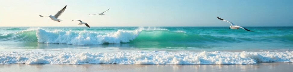 Fototapeta premium Ocean waves gently lapping at shoreline with seagulls flying overhead, beach, waves