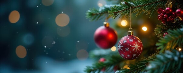 Ornaments hanging from Christmas tree branch with holly elements and snowflakes , snowflakes, winter