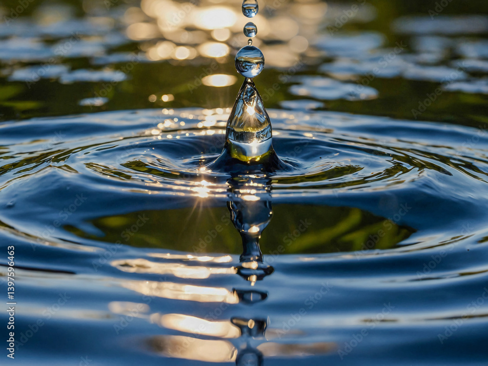 Poster dynamic arrangement of water droplets creating ripples in a serene setting, symbolizing tranquility.