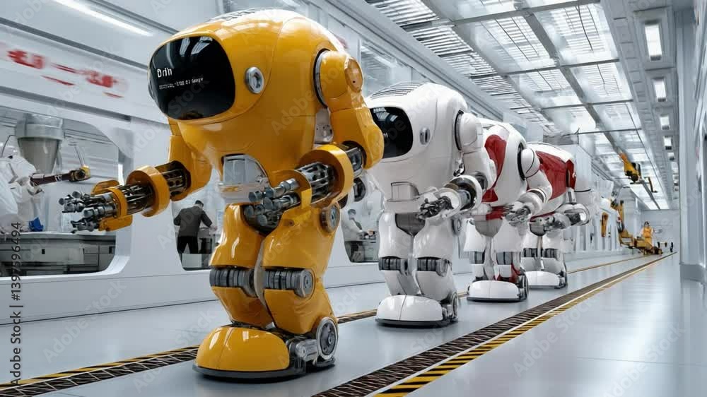 Poster robotic procession: a line of futuristic robots, each distinct in design and color, marches purposef