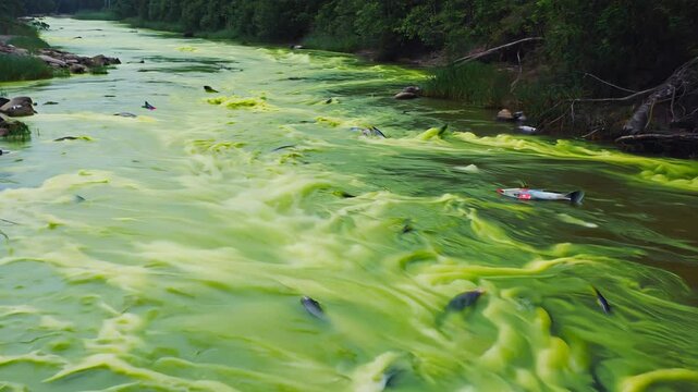 Poisoned polluted river flow with toxic swirls, environmental protection concept