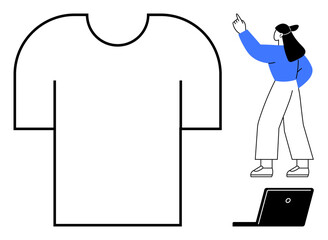 Large t-shirt outline with a woman pointing, discussing or planning, and a laptop. Ideal for fashion, design, customization, technology, e-commerce creativity education. Flat simple metaphor