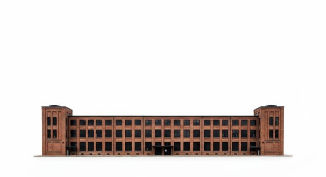Isolated textile mill architecture against white canvas emphasizing clean lines symmetry