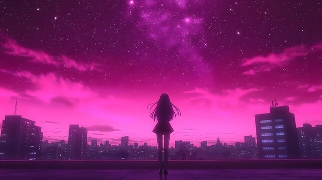 Anime Night Sky Silhouette: Mystical Cityscape Starry Cosmos with Purple Clouds and Modern Urban Beauty Serene and Dreamlike Artistic Landscape