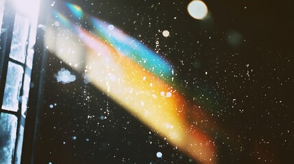 A vibrant rainbow light refraction streaks across a dark, rain-splattered window pane at night.