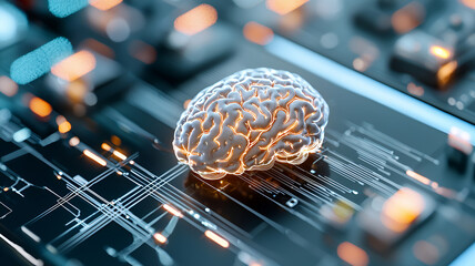 digital brain model on circuit board, symbolizing technology and innovation, with glowing connections and futuristic design