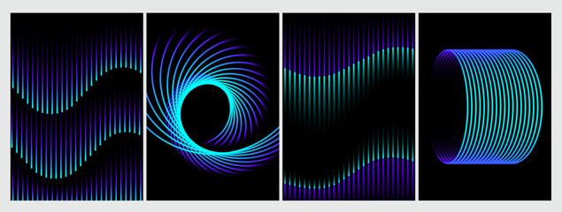Abstract music poster gradient cover design set. Digital equalizer sound wave line in vibrant neon colors on black background with copy space. Social media template