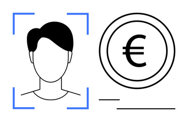 Face outline inside recognition frame next to euro coin icon. Ideal for finance, security, digital identity, modern banking, fintech solutions, authentication, verification. Flat simple metaphor