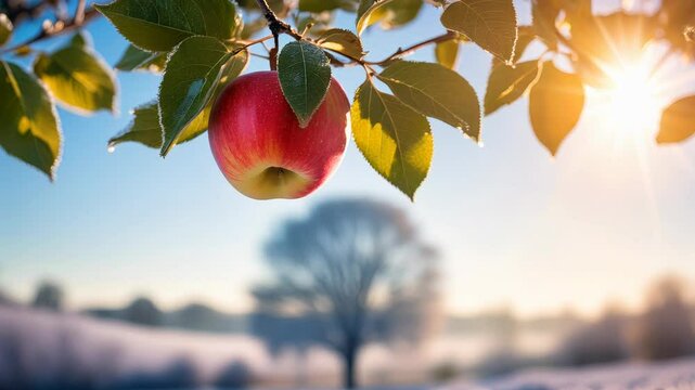Bright red apple hangs from frost-covered branch on a sunny winter morning