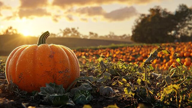 Sunset illuminates a single pumpkin in a vast autumnal field
