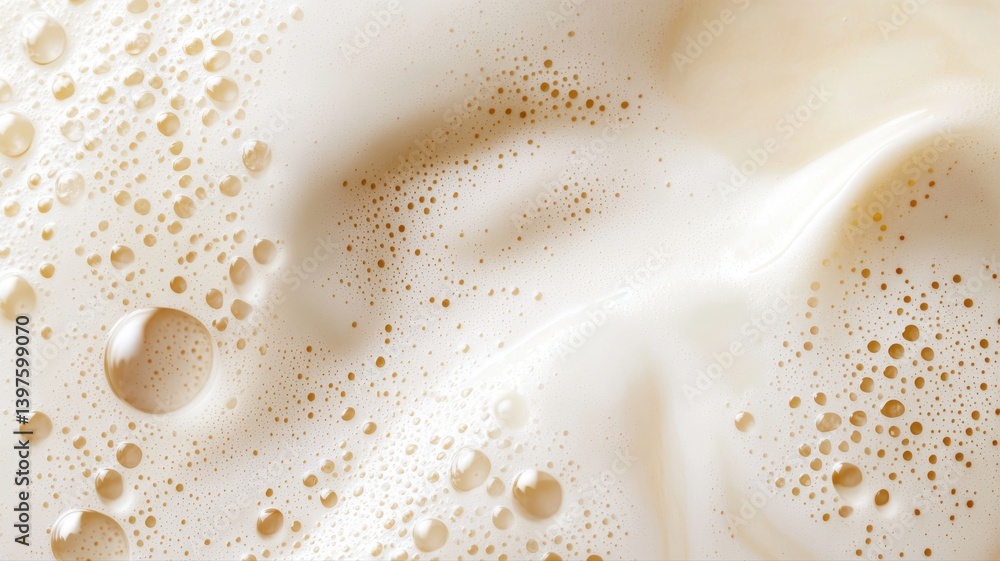Poster close-up of frothy milk foam texture with bubbles creating a creamy and smooth surface.
