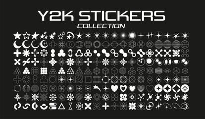 Retro Futuristic Elements for Design. Abstract Geometric Symbols and Objects in Y2K Style. Templates for Posters, Banners, Stickers, Business Cards