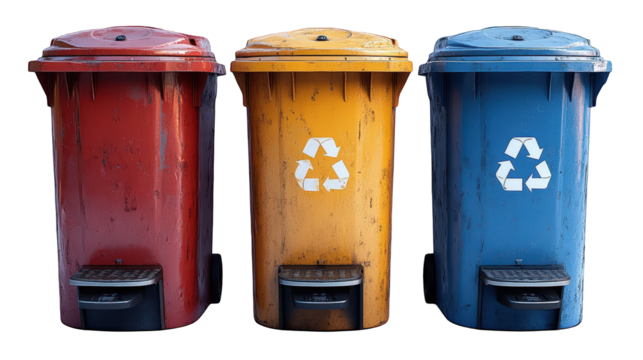 Three colorful recycling bins in a clean outdoor setting, promoting waste separation and environmental awareness