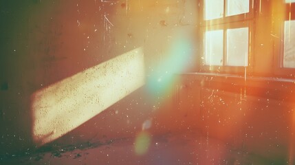 Sunlight streams through a dusty window in an abandoned room illuminating textured walls.