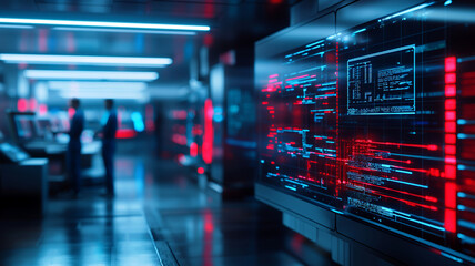 futuristic digital environment showcasing advanced technology with glowing screens and data visualizations, creating high tech