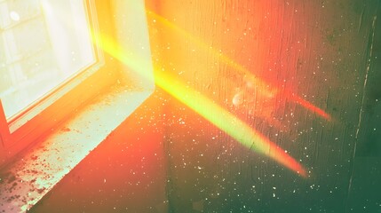 Sunlight streams through a dusty window illuminating a grunge textured wall inside an old building.