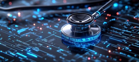 3d stethoscope hovering over 2D digital patient chart blending real medical tools live electronic medical records