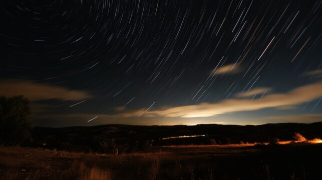 Star trails over hills at night, long exposure
