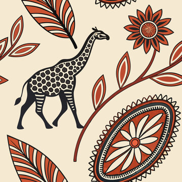 Seamless pattern design created with colors and animal and plant images specific to the African continent