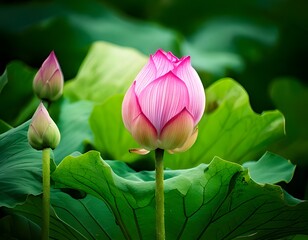 Lotus Buds, Blooming Lotus Flowers, and Lotus Plants in Natural Setting, Sacred Water Plant Symbol, Spiritual Floral Background, Botanical Beauty, Nature Meditation Theme, Wellness and Zen Concept

