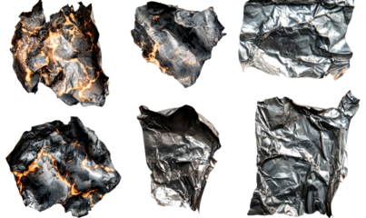 Collection of Burnt Aluminum Foil Textures Isolate on Transparent Background, cutout, png