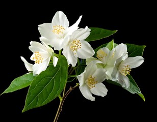 Obraz premium Jasmine Branch with Blooming White Flowers Isolated on Background, Fragrant Floral Element for Design, Botanical Decoration, Aromatic Plant Close Up, Natural Beauty, Spa and Wellness Concept