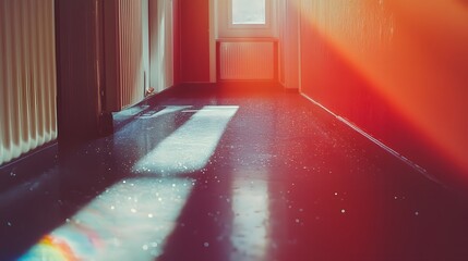Sunlight streams through a window illuminating a dark hallway with radiant light beams.