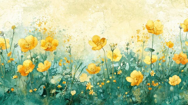 A vibrant sptime Easter invitation background featu a delicate watercolor painting of yellow wildflowers blooming in a lush teal meadow perfect for elegant designs and