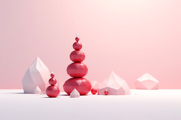 A minimalistic geometric Christmas tree design set against a clean red background, blending festive spirit with modern art aesthetics