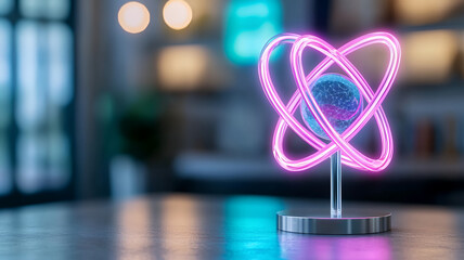 glowing atom model with neon rings and globe, symbolizing science and technology, creates captivating atmosphere