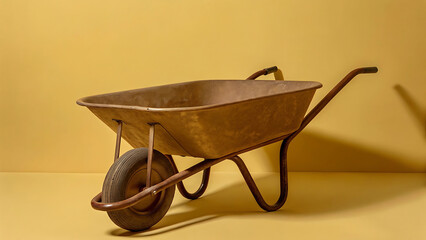 Vintage Metal Wheelbarrow on Yellow Background Side Angle Shot